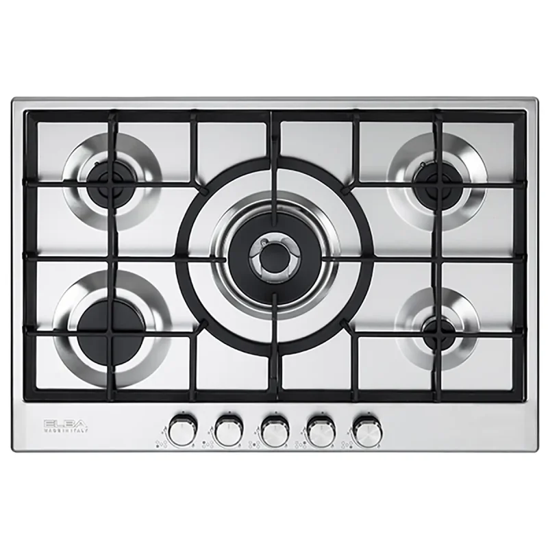 مسطح غاز إلبا بيلت ان عرض 75 سم ستانلس ستيل 5 شعلة بحوامل اينامل ومفاتيح أمامية موديل ELIO 75-545