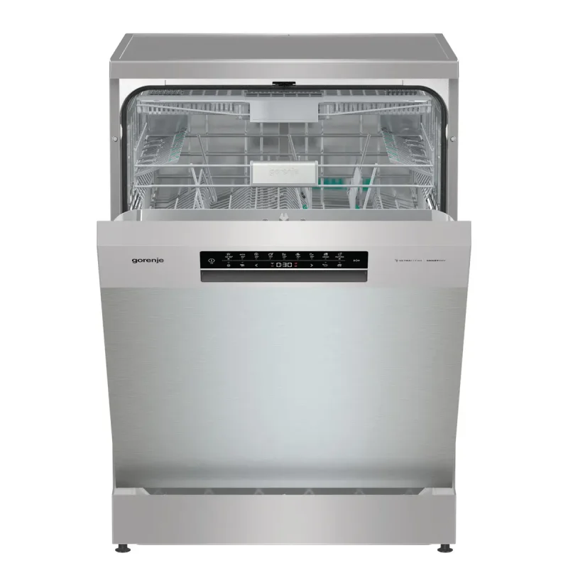 غسالة أطباق جورينجي 16 فرد تقنية UV وتوزيع ذكي GS693C60XUVAD (2) غسالة أطباق جورينجي فري ستاند موديل GS693C60XUVAD فضي 16 فرد بتقنية التعقيم UV والتوزيع الذكي للمنظف، معروضة في Appliance