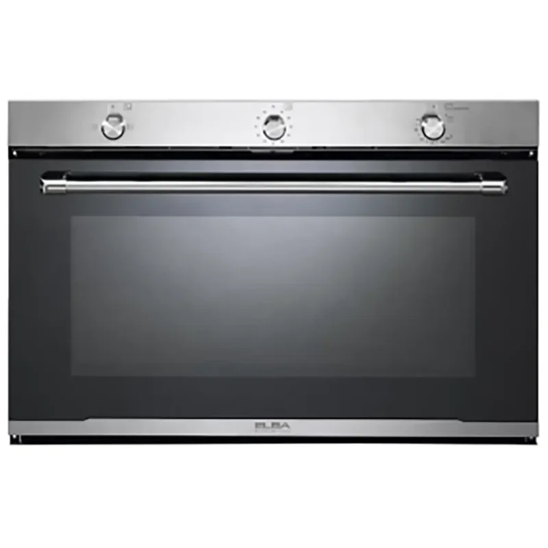 صورة أمامية لفرن Elba 140-G94 F بلت ان مقاس 90 سم تظهر المقابض والباب الزجاجي المزدوج وشعار إلبا الإيطالية